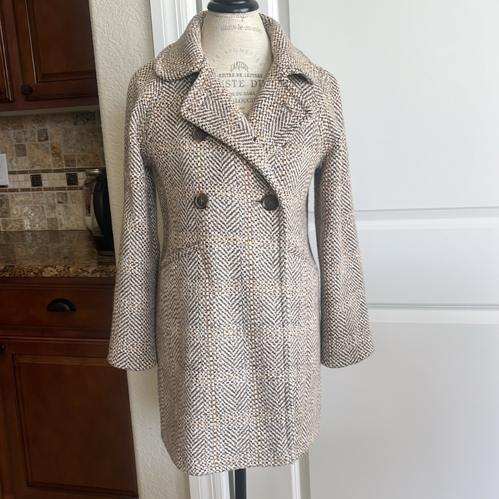 EUC J.Crew tan and brown tweed oversized button-down preppy old money pea coat - Picture 4 of 10